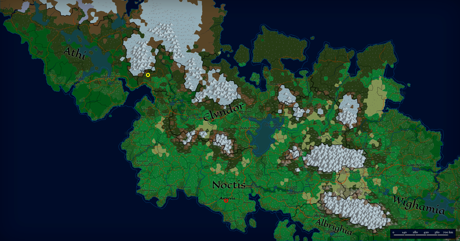 Carte du continent avec Vespera et Astrevia entourées en rouge
