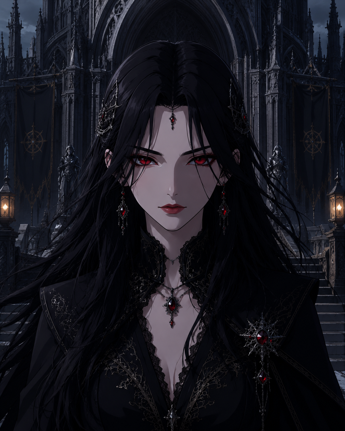 Portrait d'Asuna Ténébris, aux longs cheveux noirs et yeux rouges, vêtue de noir devant une cathédrale gothique