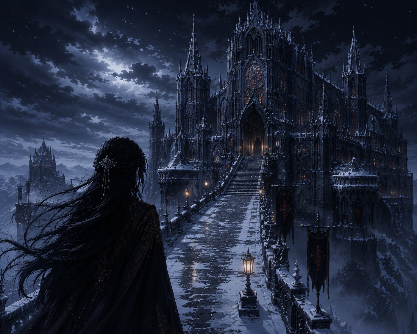 Une silhouette enveloppée d'un manteau sombre contemplant une forteresse gothique dressée au sommet d'un escalier enneigé