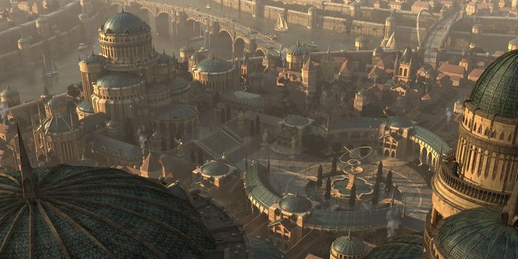 Seacumère, cité capitale bâtie au bord d'un vaste lac, aux dômes de cuivre et places animées